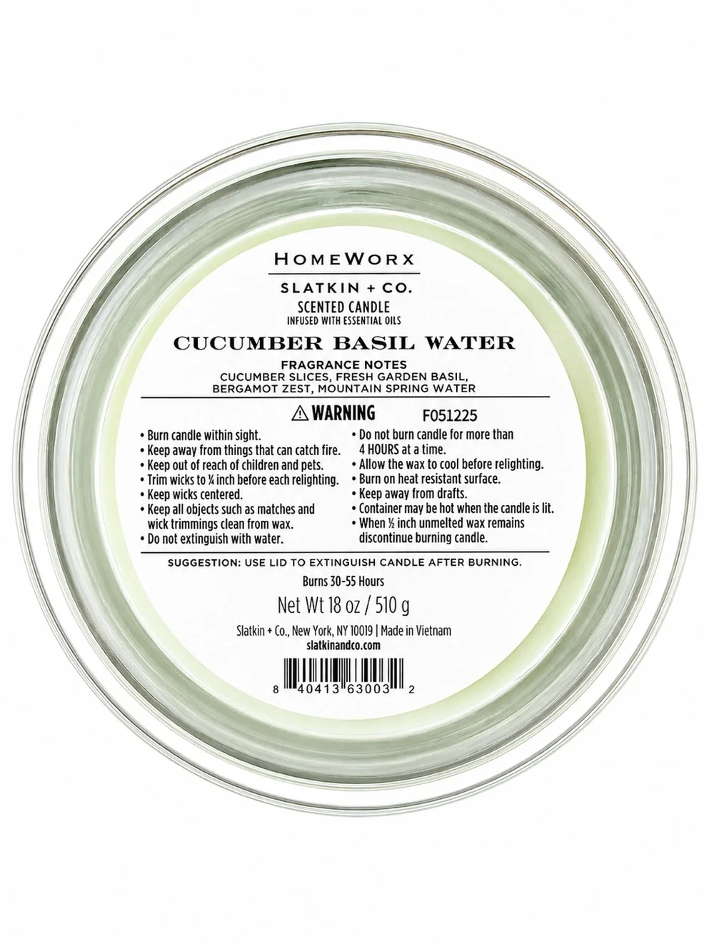 HomeWorx Slatkin Cucumber Basil Water 18oz 4-Wick Scented Candle New Gift